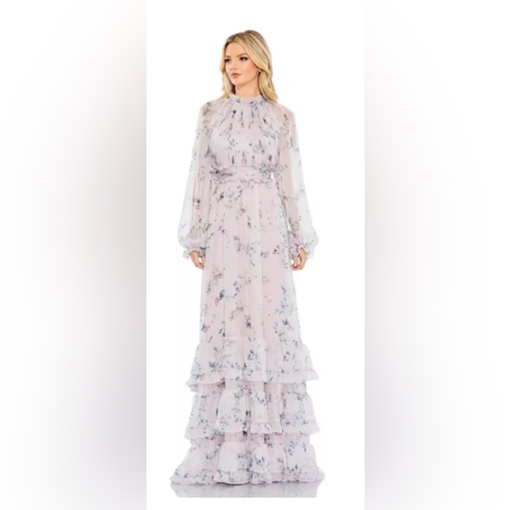 Mac Duggal Women's Floral Print Ruched Raglan Sleeve Tiered Gown NWT size 10